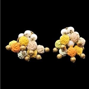 Vintage 1960s Gold Tone Rosette Clip Earrings Milk Glass Pastelcore Mod